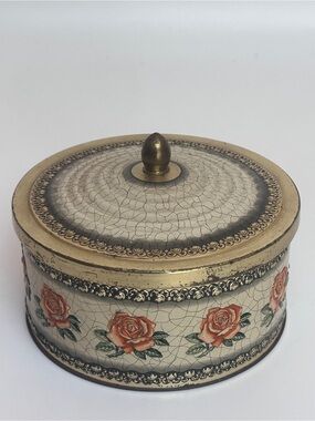 Blue Bird Confectionery Rose Crackle Finish Lidded Tin Box England Vintage
